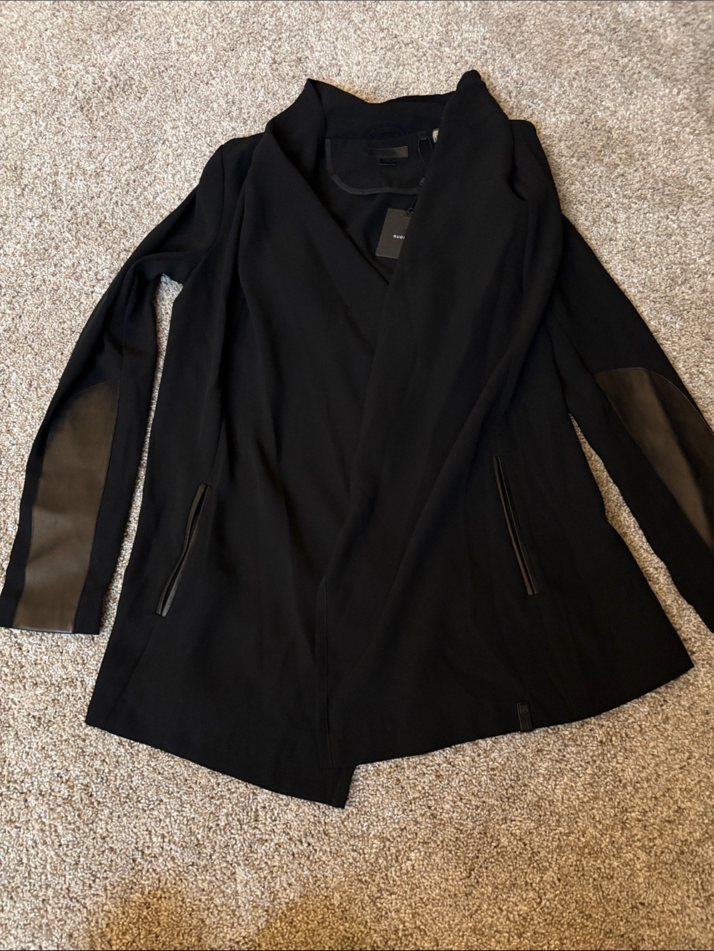 RUDSAK Black Draped Open-Front Blazer with Faux-Leather Elbow Panels